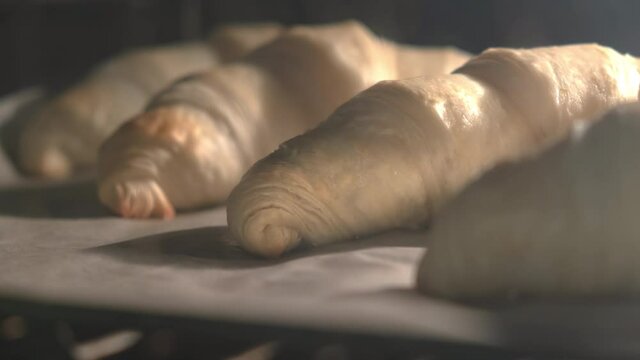 Croissants baking inside oven timelapse. Time Lapse of cooking homemade bakery croissants rising up in oven. 