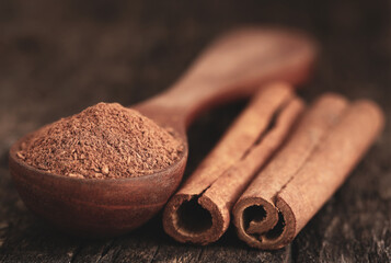 Fresh aromatic cinnamon with ground spice
