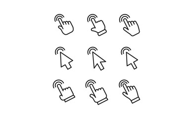 Arrow and hands click icons. Pointer vectors clicking.