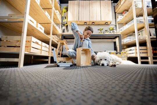 Young handywoman makes a wooden boxes, sitting on the floor with her cute dog in the well equipped workshop at home