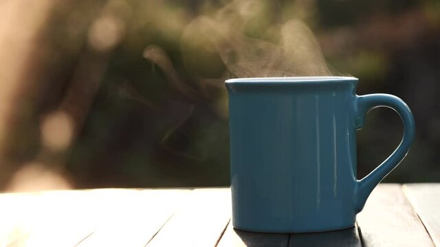 Close up hot coffee cup or tea with steaming smoke on beautiful morning nature view background, copy space. Coffee and Tea Drink Concept.