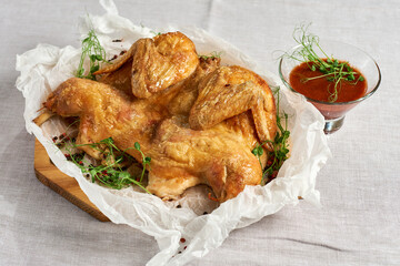  Baked chicken with a crispy crust on a gray fabric background with greenery decor and red chili sauce