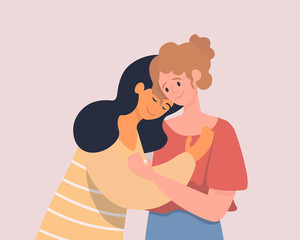 Two hugging women vector flat illustration. Happy young female characters holding each other in arms. Lesbian couple, LGBT people. Homosexual romantic partners, love, and homosexuality concept.