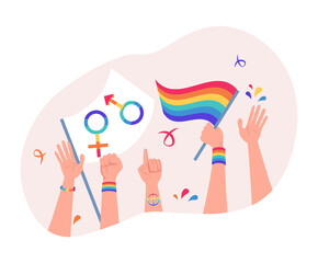 Human hands holding rainbow LGBT flag, male and female symbols. Lesbian, gay, bisexual, transgender, and queer people pride parade vector flat illustration. Human rights and tolerance concept.