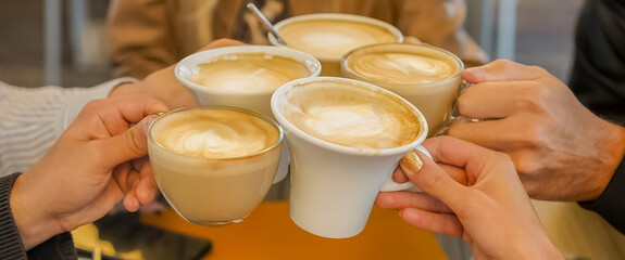 Group of friends drinking coffee  in bar and toasting with each other- Hands with cups of...