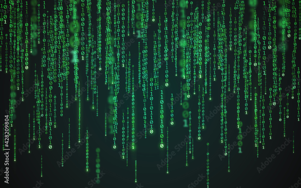 Wall mural Matrix background. Binary code texture. Falling green numbers. Data visualization concept. Futuristic digital backdrop. One and zero digits. Computer screen template. Vector illustration