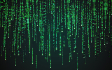Matrix background. Binary code texture. Falling green numbers. Data visualization concept. Futuristic digital backdrop. One and zero digits. Computer screen template. Vector illustration