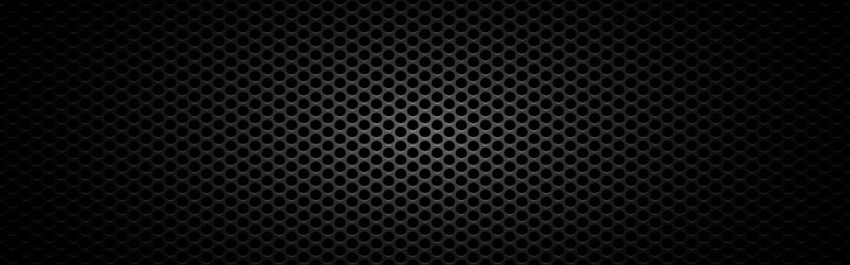 Metal mesh wide. Black steel texture. Futuristic carbon design with light. Sheet metal effect. Perforated plate. Dark material with round cells. Vector illustration