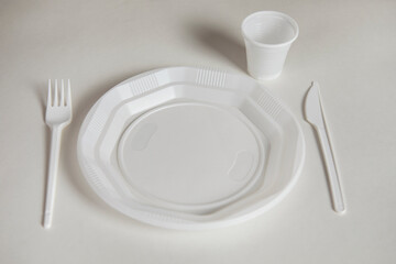 plastic plate with fork and cup