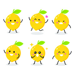 Collection of cute lemon characters in various poses isolated on white background. Funny fruit cartoon. Flat vector graphic design illustration for infographic, children book, and farm concept.