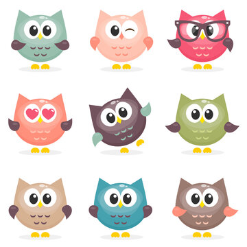 Set of cute cartoon owls