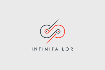 Infinity Tailor Logo. Black and Red Needle with Circular Line Thread Combination isolated on Vintage Background. Usable for Garment and Handmade Logos. Flat Vector Logo Design Template Element.