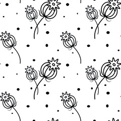 Black seamless pattern. Flowers, poppy pods and seeds in different sizes. Decorative print. White background. Botanical print. Vintage print. Grunge texture. Nature art. Decorative element.