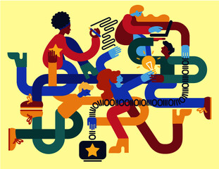 Intertwined Creative Team working together. Flat vector illustration. 