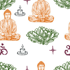 Colorful seamless pattern with buddha and decorative elements. Paisley. Indian style. Design for fabrics