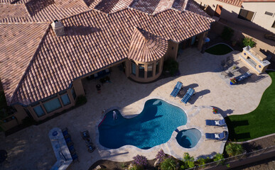 A high definition aerial view of a desert landscaped backyard in Arizona.