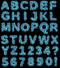 Coronavirus alphabet. Creative design font on black background