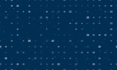 Seamless background pattern of evenly spaced white zodiac aquarius symbols of different sizes and opacity. Vector illustration on dark blue background with stars