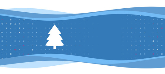 Fototapeta na wymiar Blue wavy banner with a white fir-tree symbol on the left. On the background there are small white shapes, some are highlighted in red. There is an empty space for text on the right side