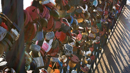 Love Padlocks Lockers at the bridge in Russia. People have place padlocks on the fence symbolizes forever love.