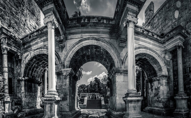 Hadrian's Gate in Antalya, Turkey, black and white