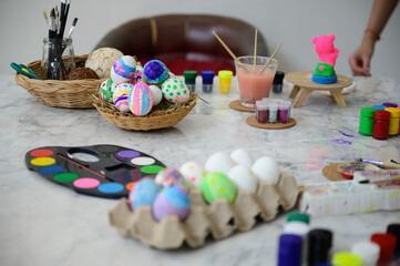 young family people making easter egg in holiday at home, decoration background, spring colours rabbit tradition, children happy celebration art creative design with easter day