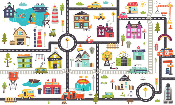 Fototapeta Horizontal children's map with roads, cars, buildings.Nursery design for posters, carpet, children's room. Vector illustration