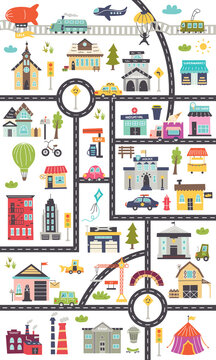 Fototapeta Vertical children's map with roads, cars, buildings.Nursery design for posters, carpet, children's room. Vector illustration