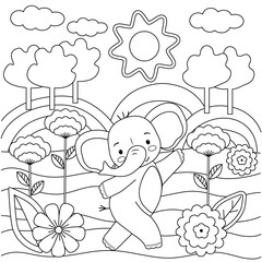 Kids coloring book with cute elephant, trees and flowers. Simple shapes, contour for small children. Cartoon vector illustration