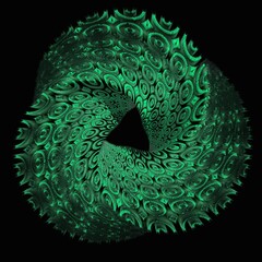 patterns and 3D designs based on a single low order mobius ring in shades of emerald green on a black background