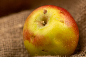 Fresh green apple on a homespun cloth with a rough texture.