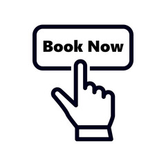 hand pointer or cursor mouse clicking on book now button linear icon. concept of easy booking with your smartphone or mobile phone and pre-booking hotel. symbol in form of pressing hand