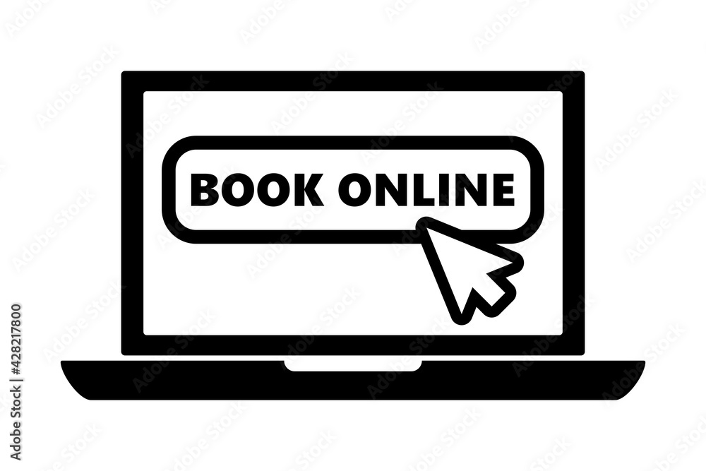 Poster flat black laptop icon with arrow pointer or cursor mouse clicking on book online button linear icon