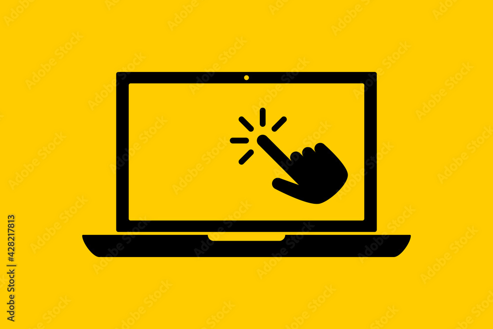 Poster flat black laptop icon with choosing cursor or hand pointer isolated on yellow. concept of using scr