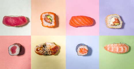 Sushi rolls set with rice and fish and chopsticks on various colorful bright backgrounds, trendy dark shadows flatlay