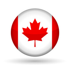 Badge with red maple leaf icon on white background. Canada flag vector symbol clipart