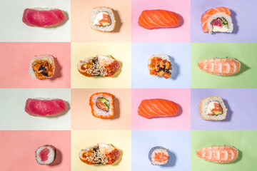 Sushi rolls set with rice and fish and chopsticks on various colorful bright backgrounds, trendy dark shadows flatlay
