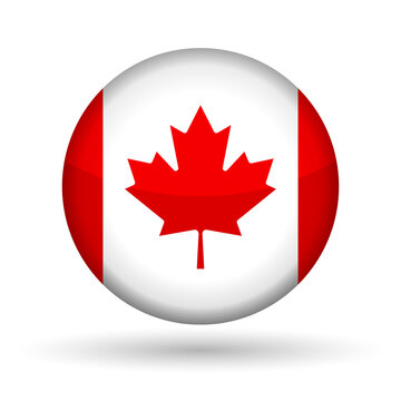 Badge with red maple leaf icon on white background. Canada flag vector symbol clipart