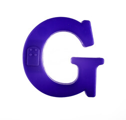 Plastic letter G of the English alphabet against white background, top view.