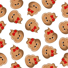 Seamless pattern with kawaii poop on white background. Cartoon poo, feces icons. Shit patterns, evil turd. Vector illustration for invitation, poster, card, fabric, textile. Doodle style