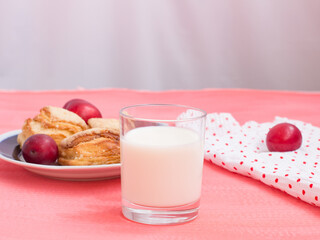 snack fruit dessert milk in the glass summer sun.