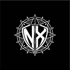 monogram initial letter NX with shield decorated with star ornament