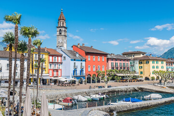 Ascona town and lake Maggiore, Switzerland. colorful houses on the lake. Architecture and landmarks...