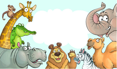 Vector illustration of funny cartoon animals with speech bubble on a blue background. Colorful giraffe, elephant, hippo, monkey, camel, bear, crocodile, zebra.