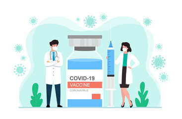 Vector illustration of coronavirus vaccination. Doctor and nurse characters with  huge syringe to inject and vaccine bottle covid-19.