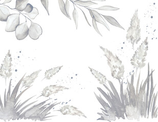 Watercolor background of pampas grass and eucalyptus in pearl gray color. Perfect for print design and various creative ideas.
