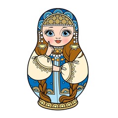 Russian traditional nest doll Matrioshka in a smart kokoshnik color variation for coloring page isolated on white background