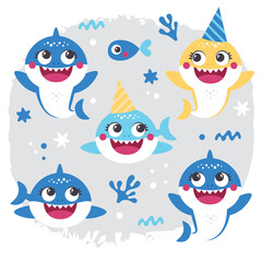Vecor set of Baby Shark Birthday Illustrations