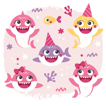 Vecor set of Baby Shark Birthday Illustrations