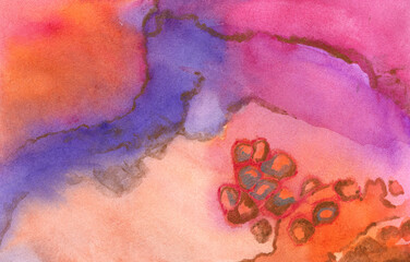 watercolor texture with orange and purple streaks and golden circles